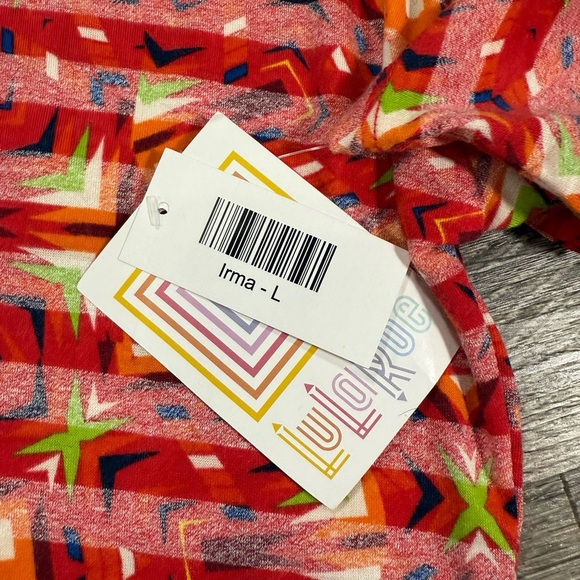 NWT Lularoe Irma Blouse Red/Pink stripes with Geometric Yellow sz: L - Picture 2 of 4